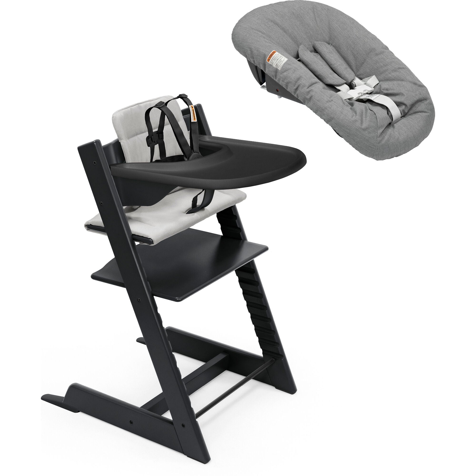 Stokke Tripp Trapp High Chair² with Cushion Tray and Newborn Set, Black + Anthracite Cushion, Black Tray & Newborn Set