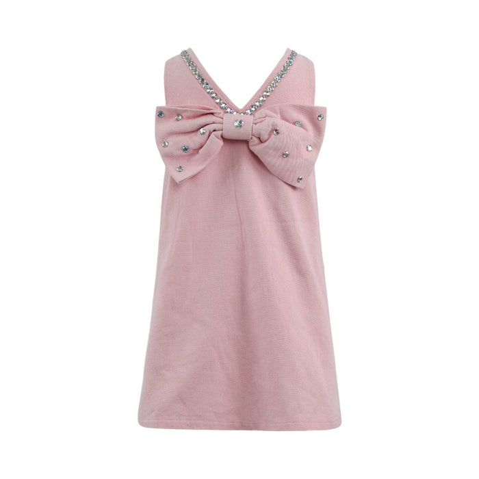 Pink Crystal Heart Denim Bow Dress