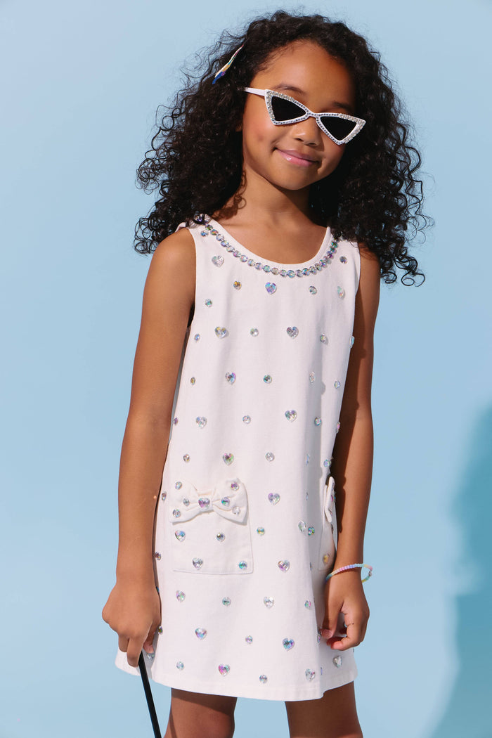 White Crystal Heart Denim Bow Dress, 8
